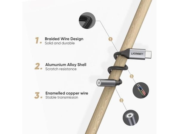 Ugreen 30632, Sort, USB C, 3.5mm, Hankjønn, Hunkjønn