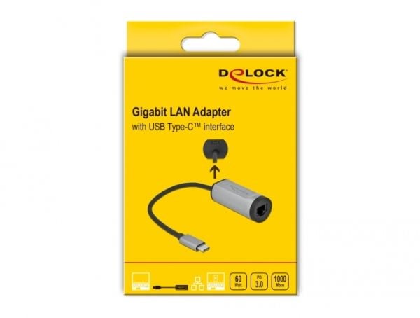 Delock - Nettverksadapter - USB-C 3.2 Gen 1 / Thunderbolt 3 - Gigabit Ethernet x 1 - grå