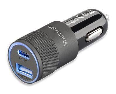 4smarts Rapid+ - Bilstrømadapter - 27 watt - 3 A - QC 3.0, PD - 2 utgangskontakter (USB, USB-C) - svart, grå