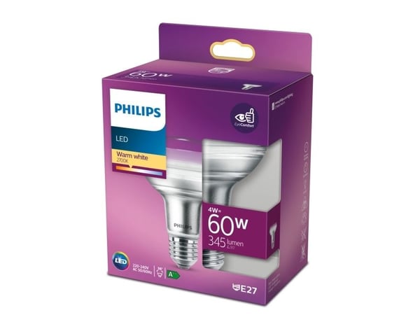 Philips - LED-pære for søkelys - form: R80 - E27 - 4 W (ekvivalent 60 W) - klasse F - varmt hvitt lys - 2700 K