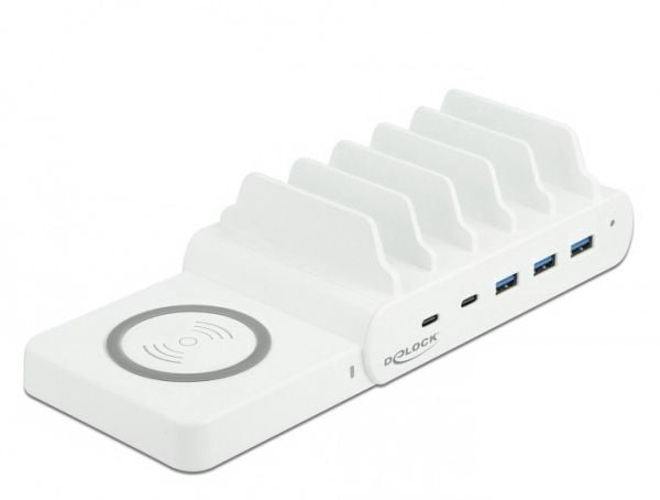 Delock USB and Wireless Charger - Ladestasjon + AC-strømadapter - 110 watt - 5 A - PD - 5 utgangskontakter (3 x USB-type A, 2 x USB-C) - hvit