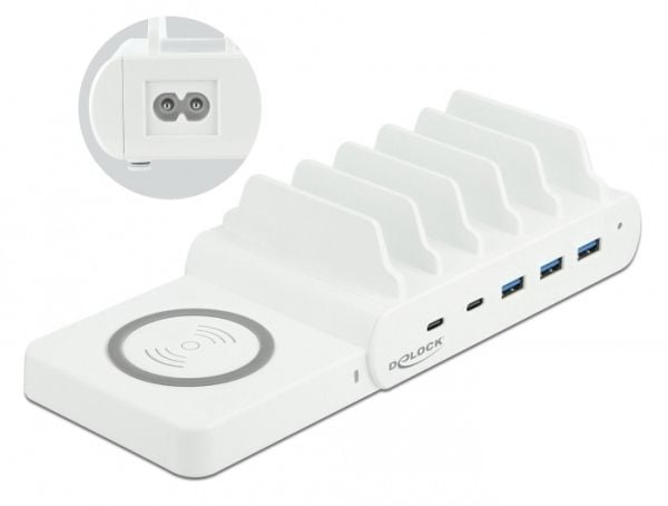 Delock USB and Wireless Charger - Ladestasjon + AC-strømadapter - 110 watt - 5 A - PD - 5 utgangskontakter (3 x USB-type A, 2 x USB-C) - hvit