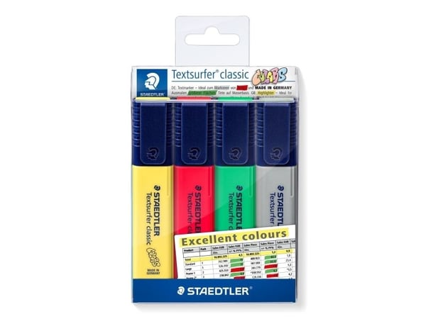 Staedtler 364 CWP4-X, 4 stykker, Grønn, Grå, Rød, Gult, Meisel tupp, Grønn, Grå, Rød, Gult, 1 cm³