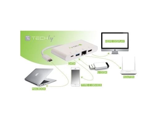 Techly IADAP USB31-DOCK1, USB 3.2 Gen 1 (3.1 Gen 1) Type-C, Hvit, HDMI, RJ-45, USB 3.2 Gen 1 (3.1 Gen 1) Type-A, USB 3.2 Gen 1 (3.1 Gen 1) Type-C, ...