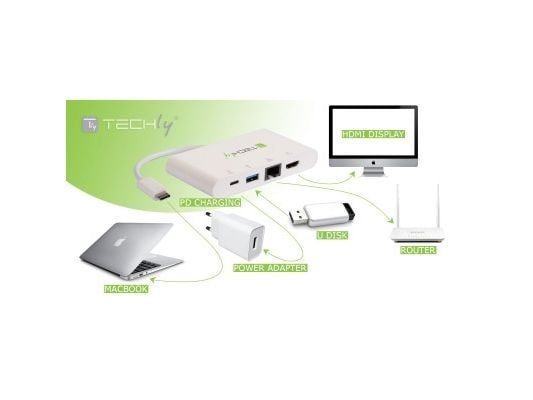 Techly IADAP USB31-DOCK1, USB 3.2 Gen 1 (3.1 Gen 1) Type-C, Hvit, HDMI, RJ-45, USB 3.2 Gen 1 (3.1 Gen 1) Type-A, USB 3.2 Gen 1 (3.1 Gen 1) Type-C, ...