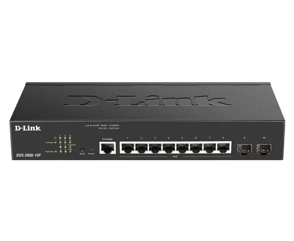 D-Link DGS 2000-10P - Switch - L3 - Styrt - 8 x 10/100/1000 (PoE+) + 2 x kombo for Fast Ethernet/Gigabit SFP - rackmonterbar - PoE+ (65 W)