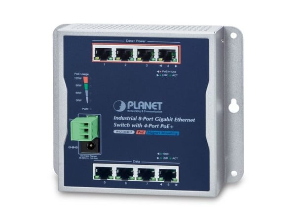 PLANET WGS-804HP - Switch - ikke-styrt - 4 x 10/100/1000 (PoE+) + 4 x 10/100/1000 - DIN-skinnemonterbar, veggmonterbar - PoE+ (120 W) - DC-strøm