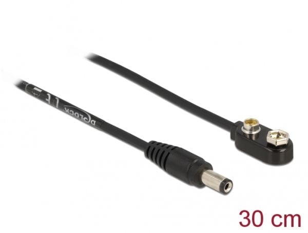 Delock - Strømkabel - DC-plugg 5,5 x 2,1 mm (M) til 9 V batterikontakt 2 A - 30 cm - Svart (86697)