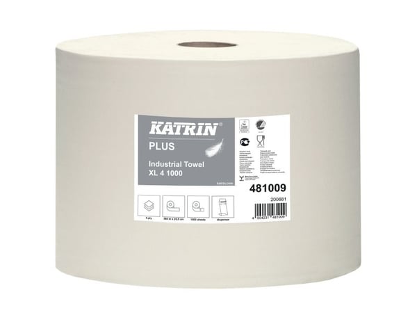 Aftørringsrulle Industri Katrin Plus 4-lag Ø36cm B26.5cmxL360m Nyfiber Hvid,360 m/rl