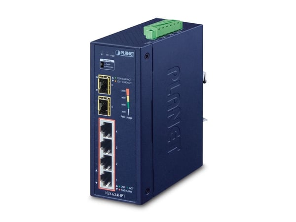 PLANET IGS-624HPT - Switch - 4 x 10/100/1000 (PoE+) + 2 x Gigabit SFP - DIN-skinnemonterbar, veggmonterbar - PoE+ (120 W) - DC-strøm