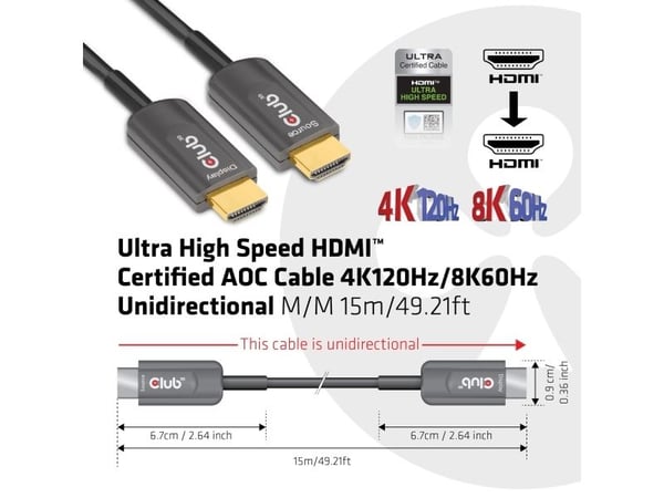 Club 3D CAC-1377 - Ultra High Speed - HDMI-kabel - HDMI hann til HDMI hann - 15 m - fiberoptisk - Active Optical Cable (AOC), 4K 120 Hz støtte, 8K ...