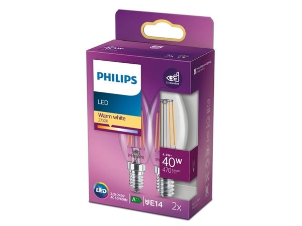Philips Philips LED-stearinlys E14 2-pakning 4,3W (40W) 2700K 470lm Vintage