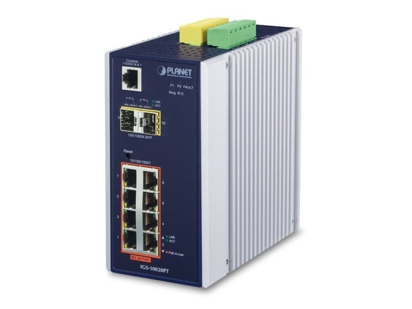 PLANET IGS-10020PT - Switch - Styrt - 8 x 10/100/1000 (PoE) + 2 x Gigabit SFP - DIN-skinnemonterbar, veggmonterbar - PoE (130 W) - DC-strøm