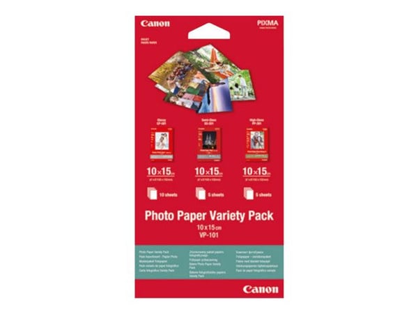Canon Variety Pack VP-101 - 100 x 150 mm 15 ark set med fotopapper - för PIXMA MG2550, MG3550, MG3650, MG5750, MG5751, MG6450, MG6850, MG7150, MG77...