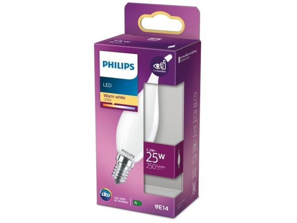 Philips - LED-lyspære - form: BA35 - mattslipt finish - E14 - 2.2 W (ekvivalent 25 W) - klasse E - varmt hvitt lys - 2700 K