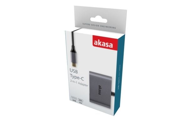 Akasa USB Typ C 2-In-1 Display-Adapter - silber - Digital/Daten - Digital/Display/Video, USB Type-C, HDMI, VGA, Aluminium, Passiv, 0,18 m, China
