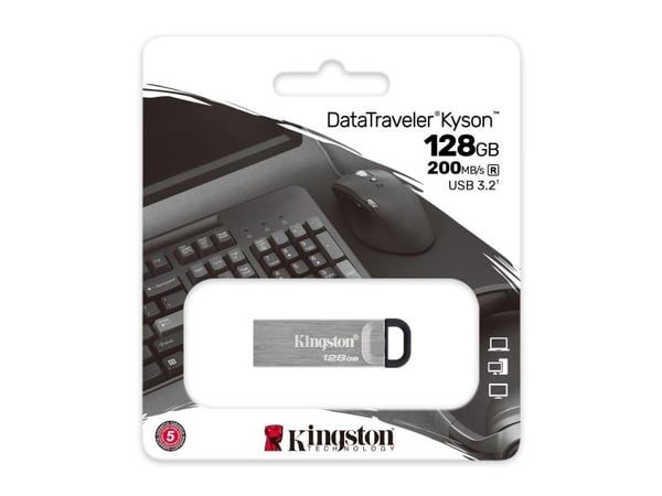 Kingston Technology DataTraveler 128 Gt Kyson USB flash-muistitikku, 128 GB, USB A-tyyppi, 3.2 Gen 1 (3.1 Gen 1), 200 MB/s, Ilman suojusta, Hopea
