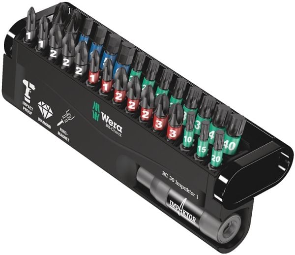 Wera BC 30 Impaktor 1, 30 stykker, Hex (imperisk), Philips, Pozidriv, Torx, PH 1, PH 2, PH 3, PZ 1, PZ 2, PZ 3, T10, T15, T20, T25, T30, T40, 3,4,5...
