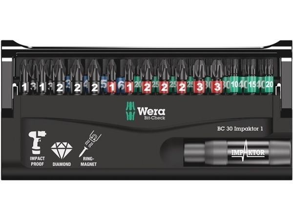 Wera BC 30 Impaktor 1, 30 stykker, Hex (imperisk), Philips, Pozidriv, Torx, PH 1, PH 2, PH 3, PZ 1, PZ 2, PZ 3, T10, T15, T20, T25, T30, T40, 3,4,5...