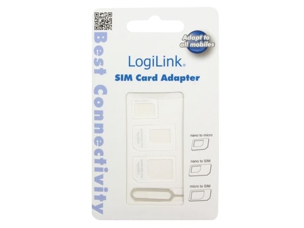 LogiLink AA0047, SIM-kortadapter, Micro-SIM, Nano-SIM, SIM i full størrelse, Micro-SIM, 3 stykker, Hvit, 73 mm