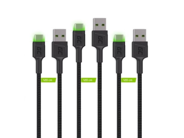 Green Cell GC Ray - USB-kabel - USB-C (hann) grønn LED-belysning til USB (hann) - USB 2.0 - 2.4 A - 2 m - svart (en pakke 3)