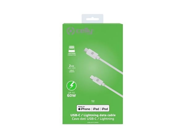 Celly LIGHTNING till USB-C-kabel 2 m MFI 60 W (vit)