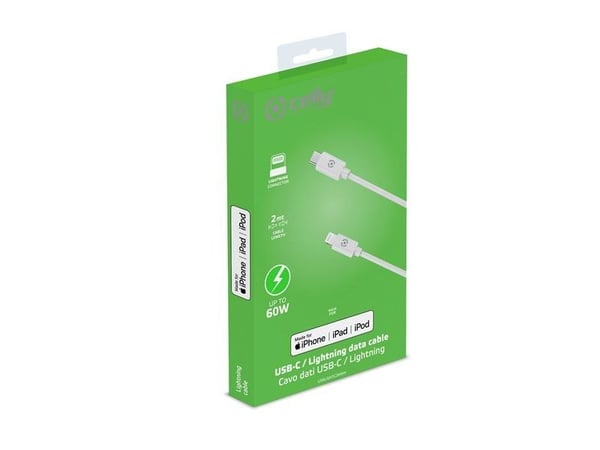 Celly LIGHTNING till USB-C-kabel 2 m MFI 60 W (vit)