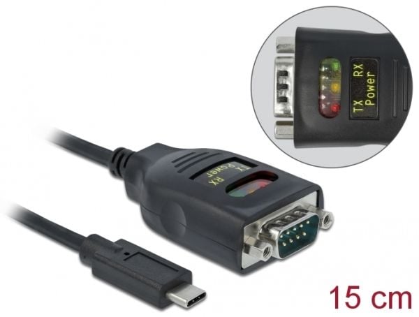 Delock Adapter USB Type-C to 1 x Serial RS-232 DB9 with 15 kV ESD protection - Seriell adapter - USB-C - RS-232 x 1 - svart
