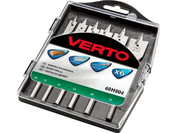 Verto 60H804, Drill, Flat meisel-borekrone, Tre, Sekskanttange, 6 stykker, 10, 12, 16, 18, 20, 25 mm