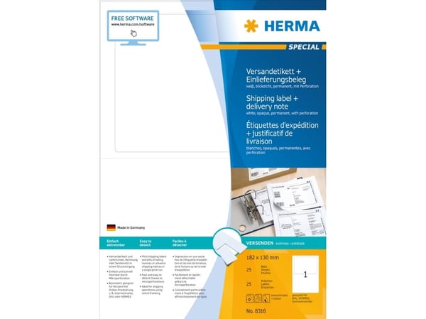 HERMA Special - Hvit - 130 x 182 mm 25 stk (25 ark ugjennomsiktige fraktetiketter