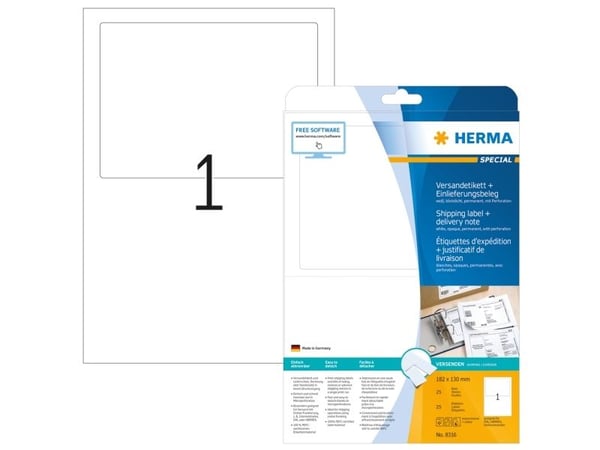 HERMA Special - Hvit - 130 x 182 mm 25 stk (25 ark ugjennomsiktige fraktetiketter