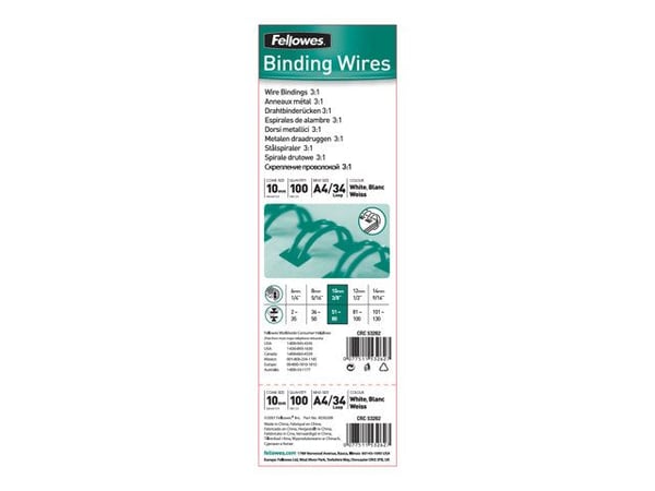 Fellowes 53258, Valkoinen, 60 arkkia, Metalli, A4, 16 mm, 9 mm