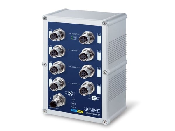 PLANET ISW-800T-M12 - Switch - 8 x 10/100 - DIN-skinnemonterbar, veggmonterbar - DC-strøm