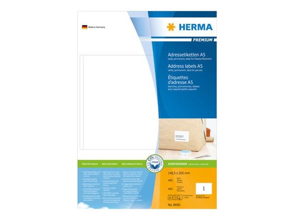 HERMA Premium - Papir - matt - permanent selv-adhesiv - hvit - 148.5 x 205 mm 400 etikett(er) laminerte adresseetiketter
