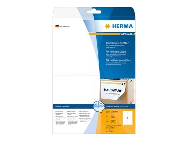 HERMA Special - Papir - matt - fjernbart selv-adhesiv - hvit - A6 (105 x 148 mm) 100 etikett(er) (25 ark x 4) merkelapper