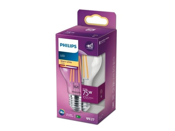 Philips - LED-lyspære - form: A60 - klar finish - E27 - 8.5 W (ekvivalent 75 W) - klasse E - varmt hvitt lys - 2700 K