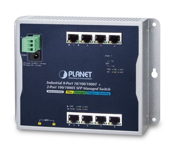 PLANET WGS-4215-8T2S - Switch - Administrerad - 8 x 1000Base-T + 2 x SFP - DIN-skenmonterbar, väggmonterbar - Likström