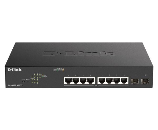D-Link DGS 1100-10MPV2 - Switch - smart - 8 x 10/100/1000 (PoE) + 2 x Gigabit SFP - rackmonterbar - PoE (130 W)