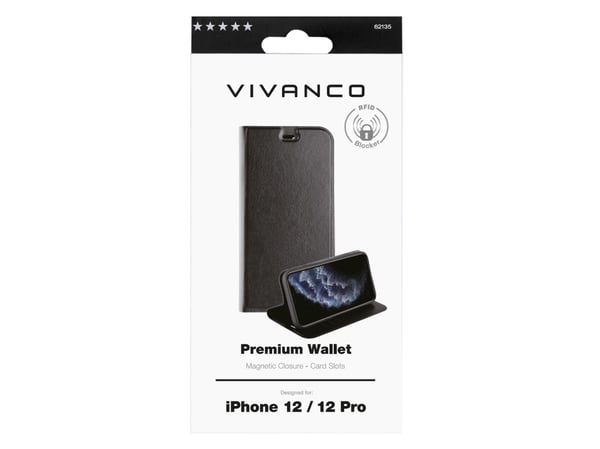 Vivanco Premium, Lommebok-etui, Apple, iPhone 12, iPhone 12 Pro, 15,5 cm (6.1"), Svart