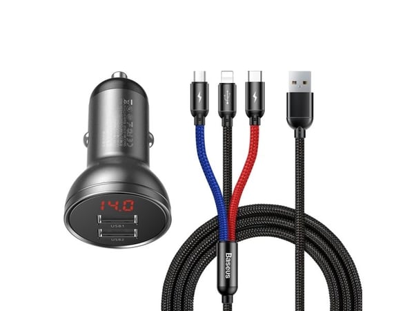 Baseus autolaturi, jossa on 24W näyttö + 3in1 Baseus Three Primary Colors USB-kaapeli 1.2m 1.2m