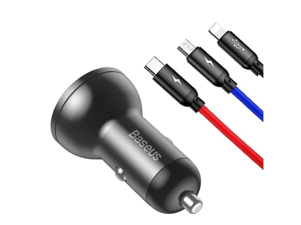 Baseus autolaturi, jossa on 24W näyttö + 3in1 Baseus Three Primary Colors USB-kaapeli 1.2m 1.2m