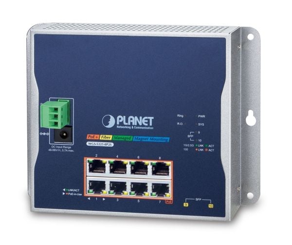 PLANET WGS-5225-8P2S, Håndtert, L2+/L4, Gigabit Ethernet (10/100/1000), Full tosidig, Strøm over Ethernet (PoE), Kan monteres på vegg