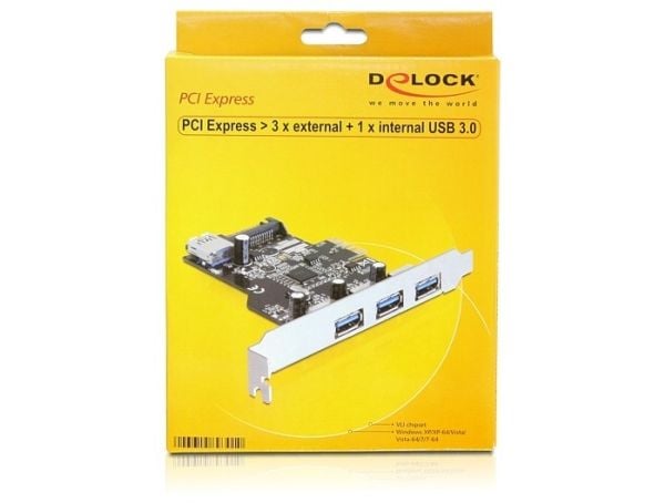 DeLOCK PCI Express-kort -> 3 x eksternt + 1 x intern USB 3.0 Delock PCI Express-kortet utvider din PC med tre eksterne USB 3.0-porter og en intern ...