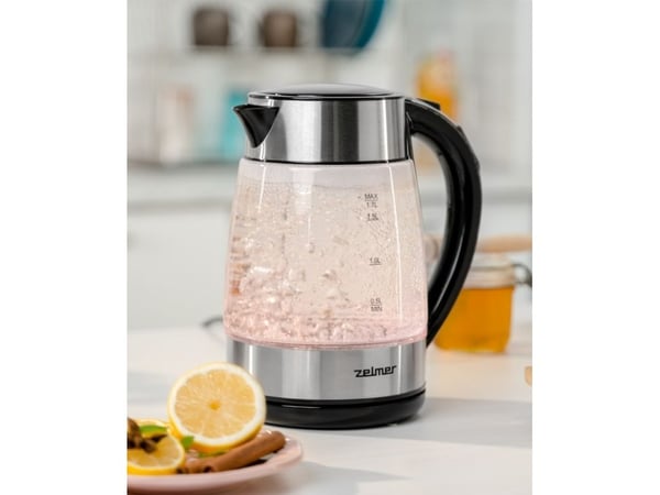 Zelmer ZCK8026, 1,7 L, 2200 W, Svart, Transparent, Glass, Rustfritt stål, Justerbar termostat, Vannmåler