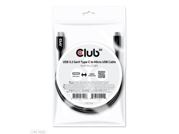 Club 3D - USB-kaapeli - USB-C (uros) - Micro-USB Type B (uros) - USB 3.2 Gen 1 - 3 A - 1 m - kaksisuuntainen