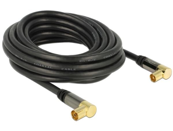 Delock - Antennekabel - IEC-kobling hunn til IEC-kobling hann - 5 m - koaksial - 85 dB - svart - 90° kontakt