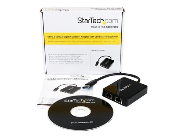 Startech USB 3.0 to Dual Port Gigabit Ethernet Adapter w/ USB Port - 10/100/100 - USB Gigabit LAN Network NIC Adapter (USB32000SPT) - Nettverksadap...