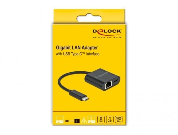 Delock - Nettverksadapter - USB-C 3.2 Gen 1 - Gigabit Ethernet x 1 + USB-C (bare strøm) x 1 - svart