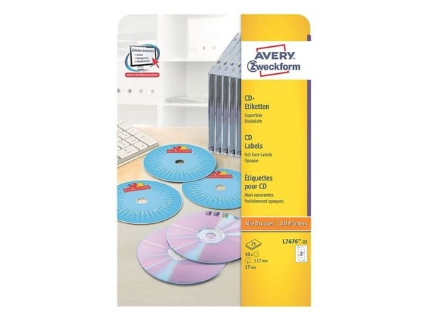 Avery - Hvit - 117 mm rund 50 etikett(er) (25 ark x 2) CD/DVD-etiketter