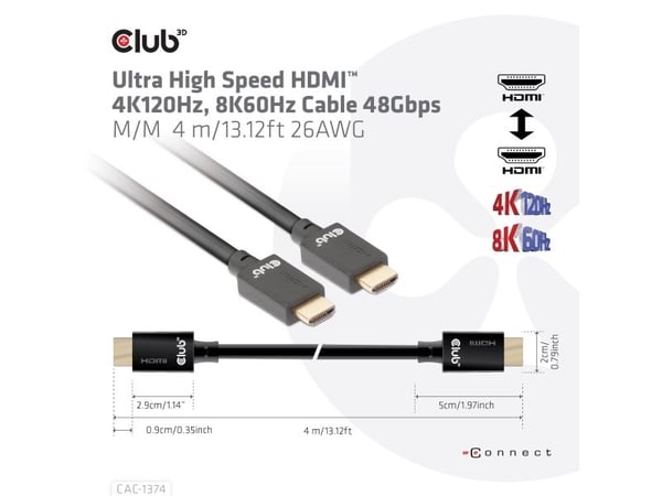 Club 3D - Ultra High Speed - HDMI-kabel - HDMI hann til HDMI hann - 4 m - svart - 4K 120 Hz støtte, 8K 60Hz støtte